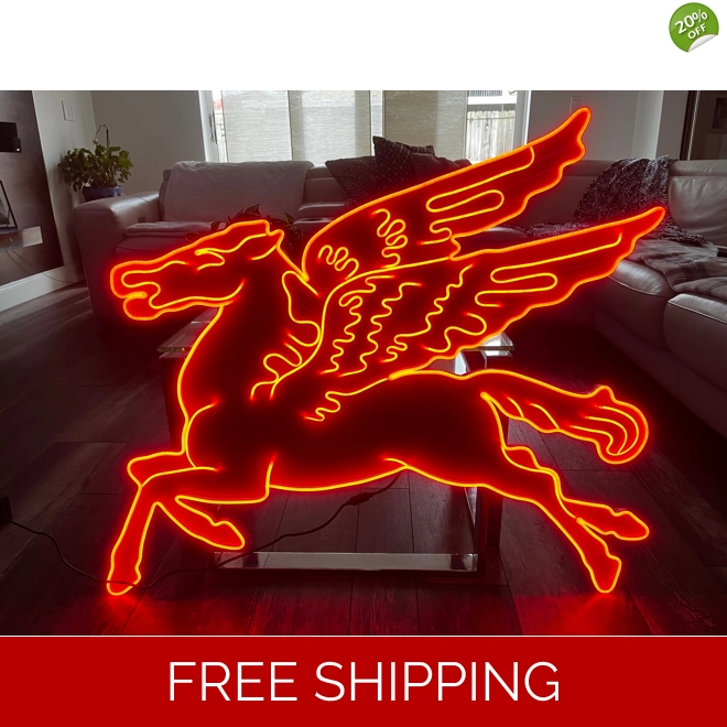 product Image for Mobil Neon Pegasus Sign, Neon Mobil Gas Station Sign, Rep Antique Vintage, Garage Décor, Aluminum Pe